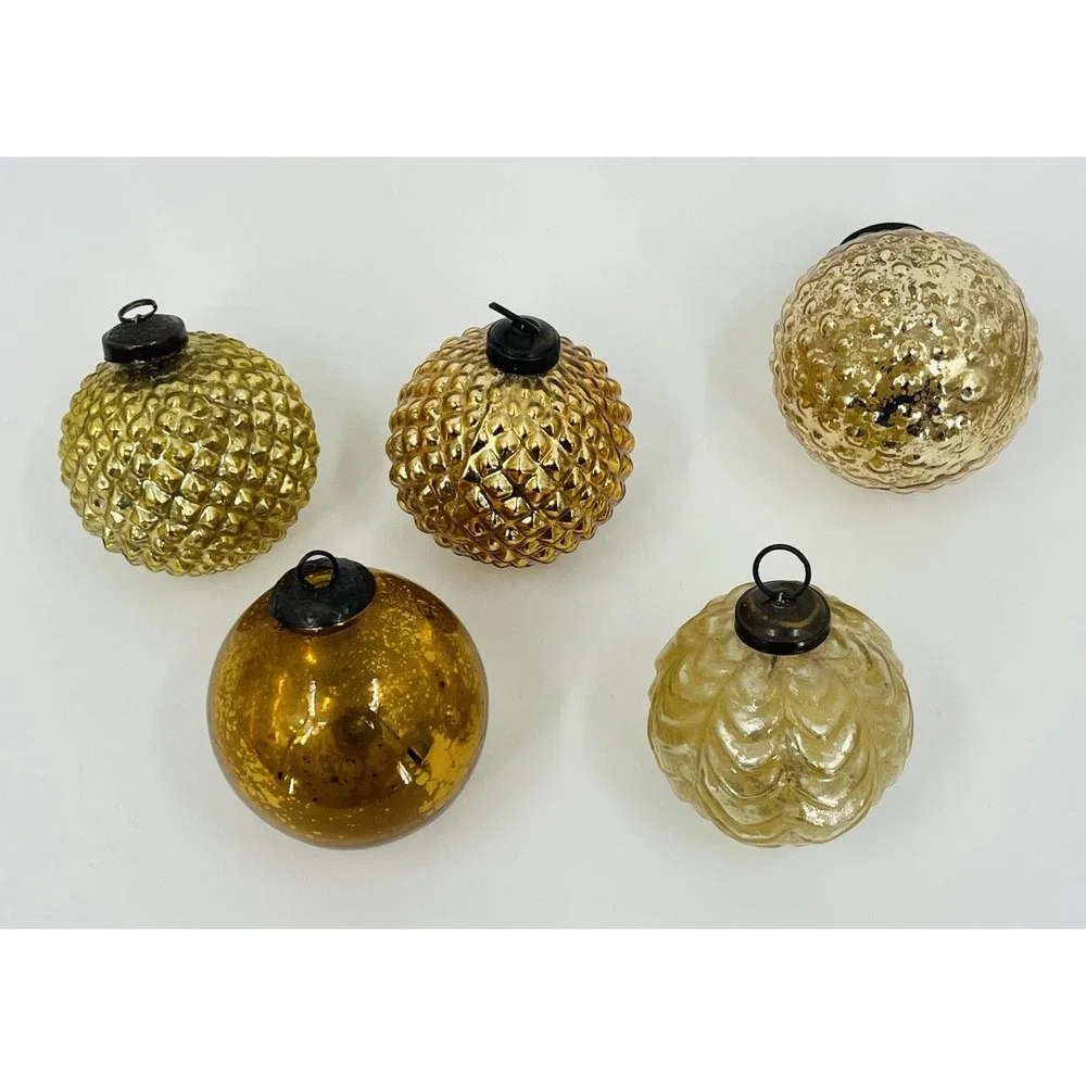 Heavy Mercury Crackle Glass Gold Christmas Ornaments Round Balls Set of 5